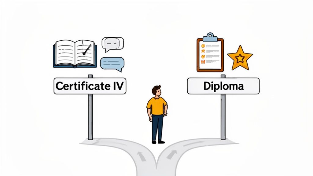 A person at a crossroads choosing between Certificate IV (book, chat) and Diploma (checklist, star) educational paths.