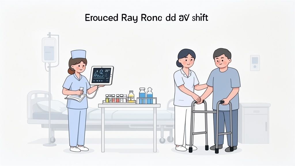 Two nurses provide care to a male patient with a walker in a hospital room, monitoring medical data.
