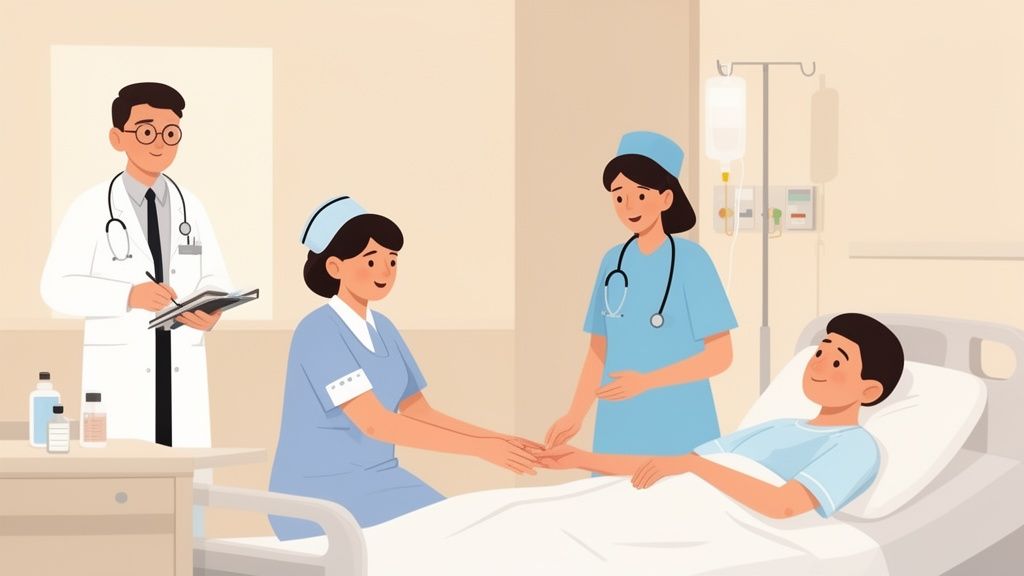 A male doctor and two female nurses providing care to a male patient in a hospital room.
