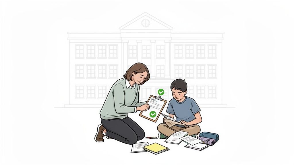 A teaching assistant helps a student with homework, reviewing papers and a checklist on the floor.