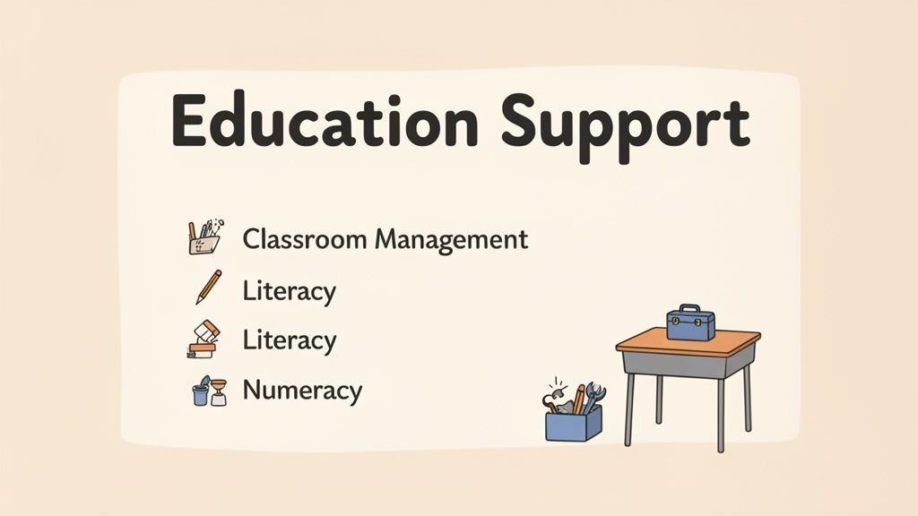 A graphic titled 'Education Support' with a list of services: Classroom Management, Literacy, and Numeracy, featuring educational icons.