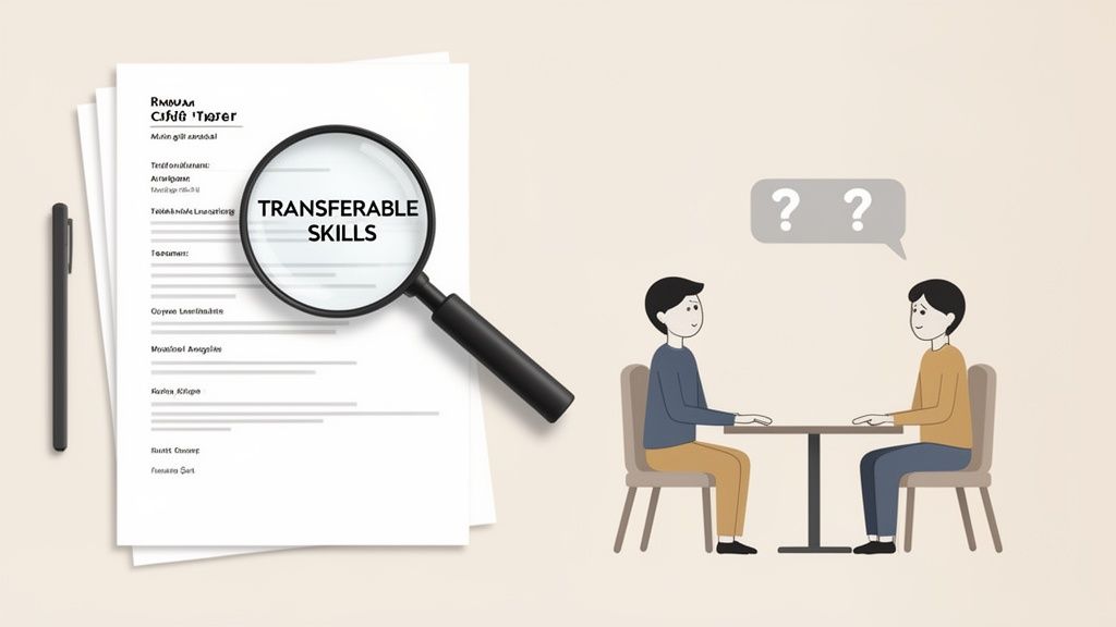 A magnifying glass highlights 'transferable skills' on a resume, next to two people in an interview.
