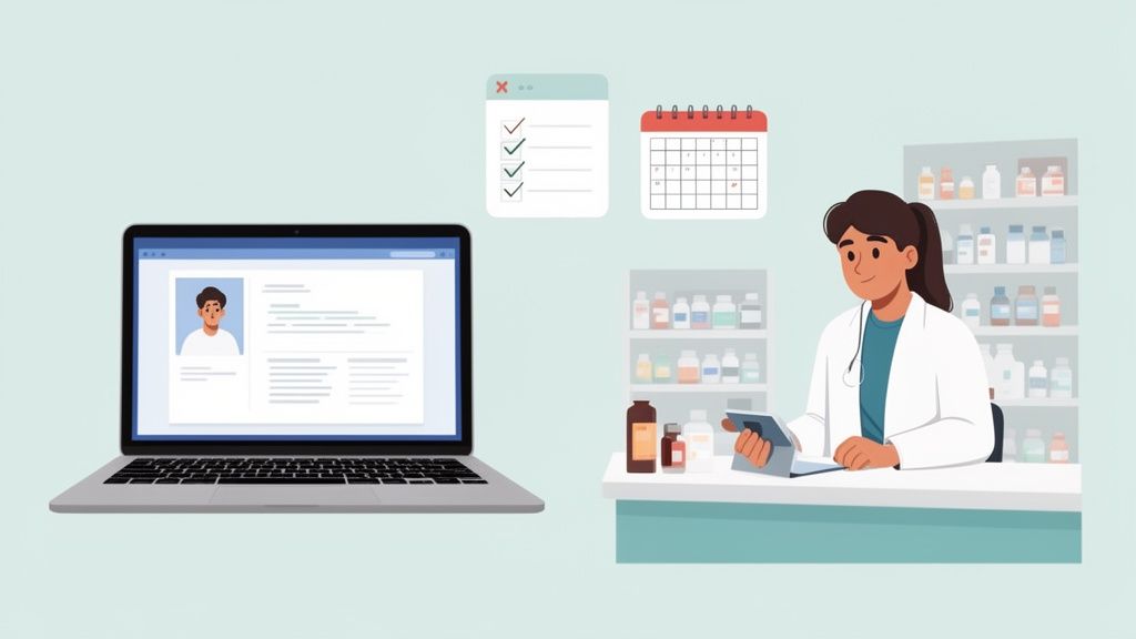 A pharmacist manages digital patient records, a checklist, and a calendar in a modern pharmacy.