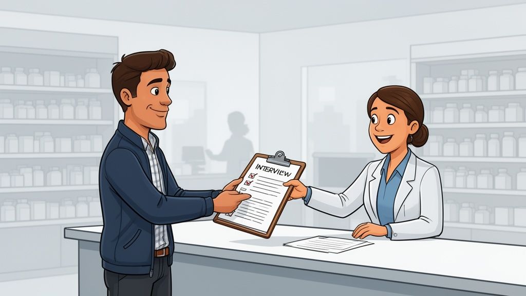 A man hands an "INTERVIEW" clipboard to a smiling female medical professional in a lab coat at a pharmacy counter.