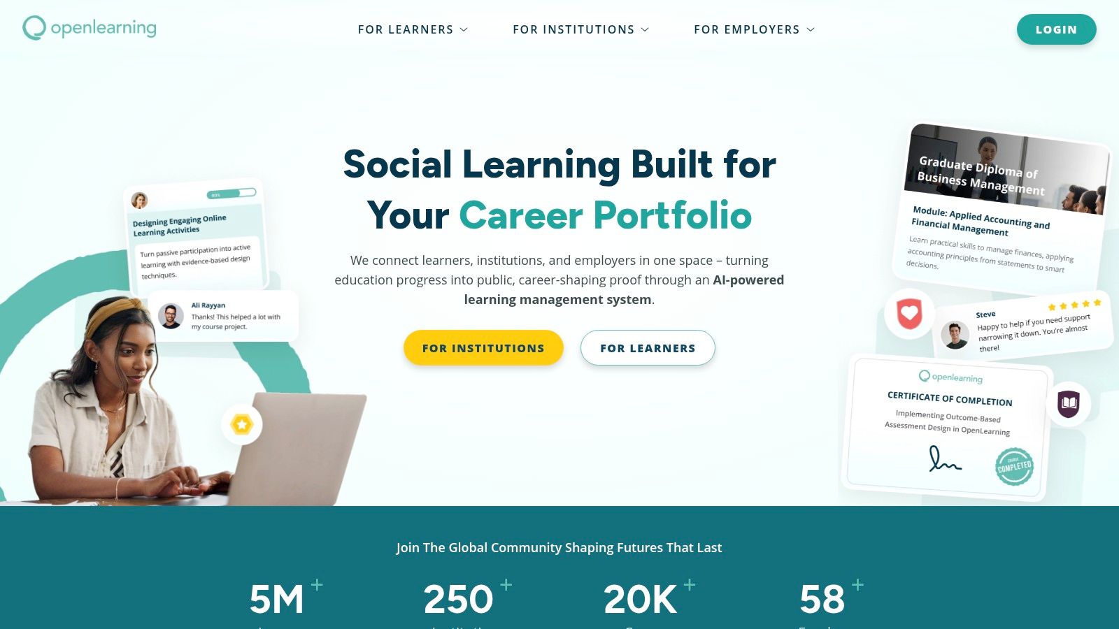 OpenLearning homepage showcasing its course categories and learning philosophy.