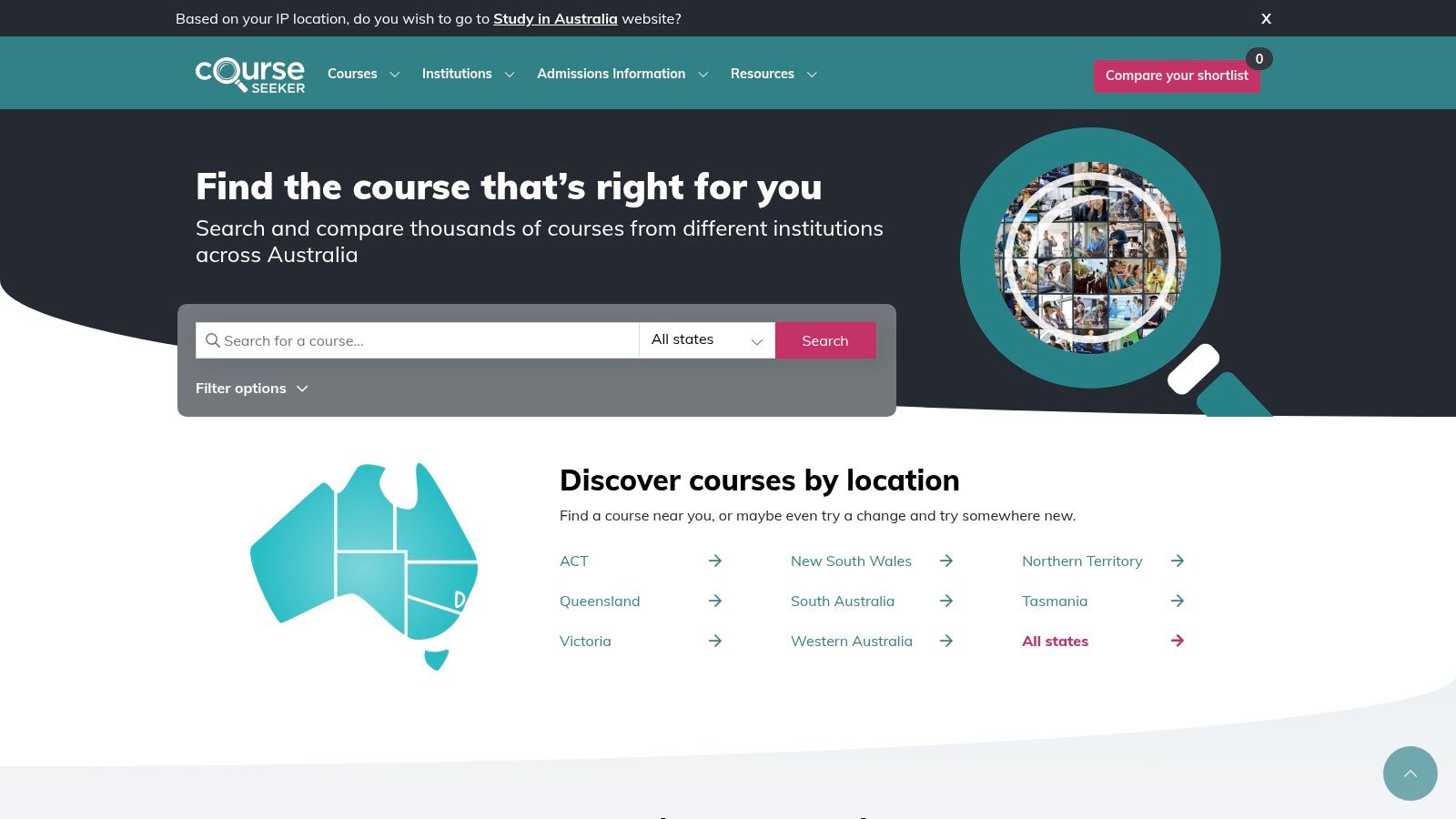 Course Seeker homepage showing its search and compare features.