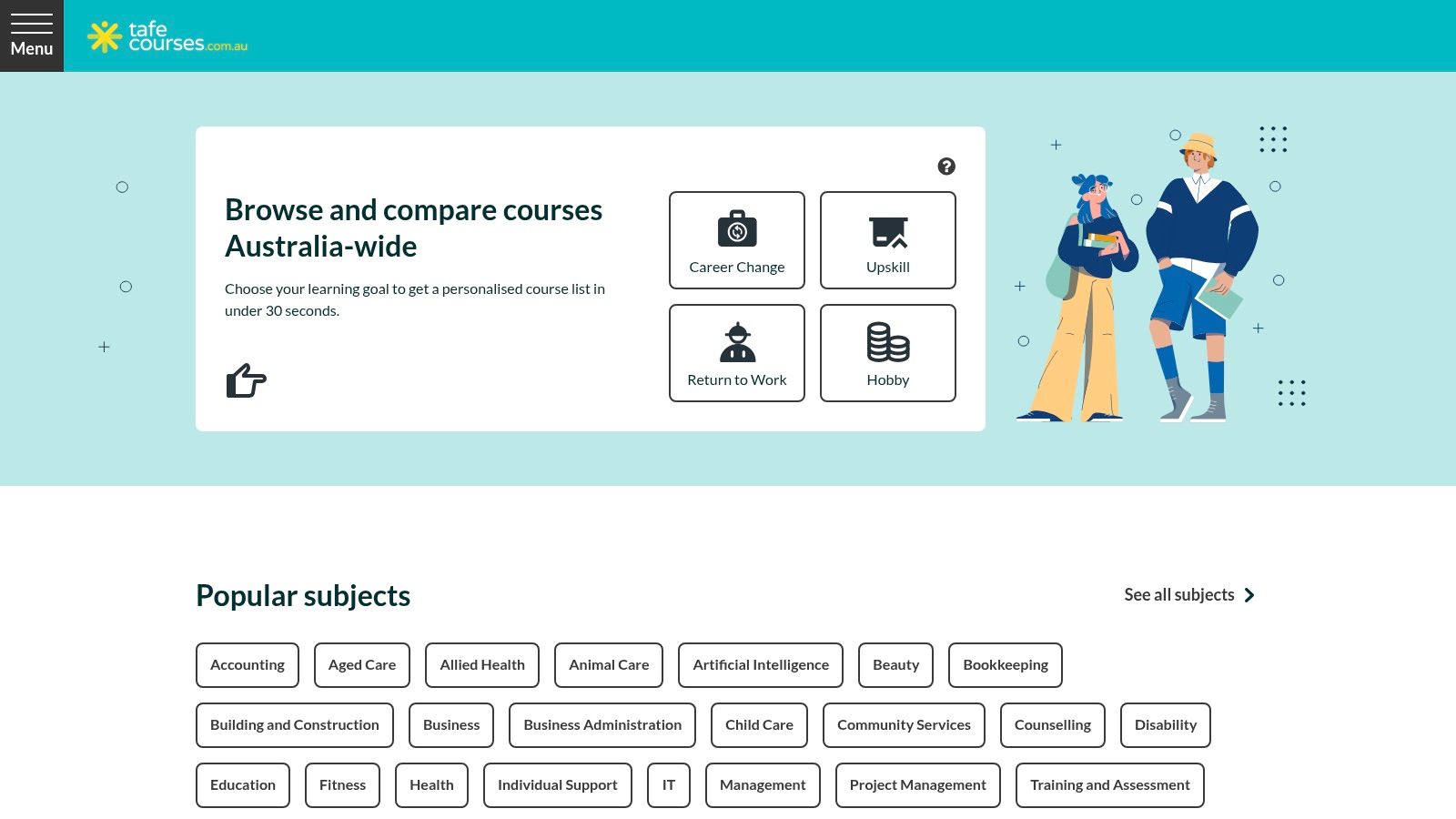 TAFE Courses Australia homepage showing its course categories and search functionality.