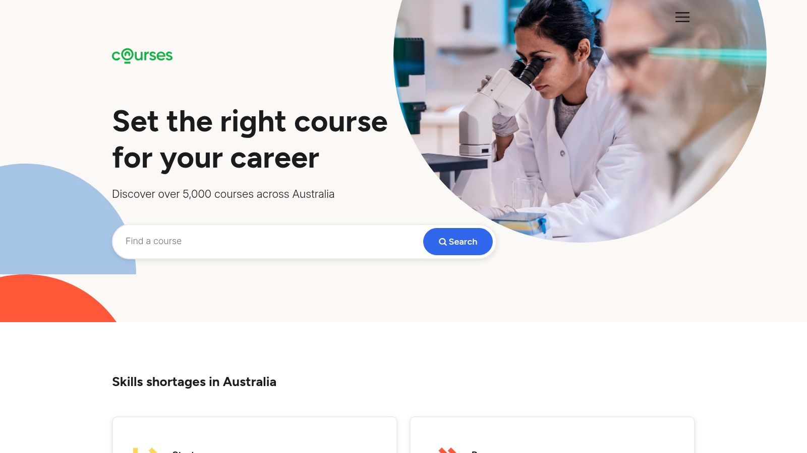 Courses.com.au homepage with its course search bar and industry categories.