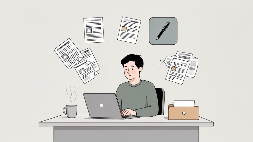 An illustrated man works on a laptop at a desk with documents floating around, a coffee mug, and a document tray.