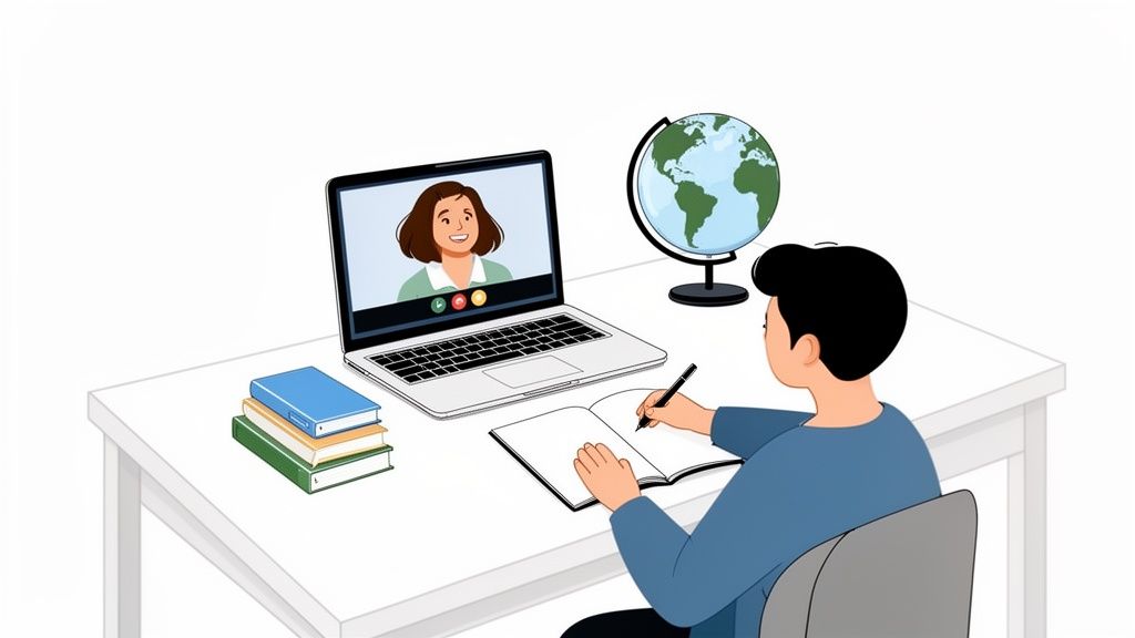 A boy takes an online class with a teacher on a laptop, writing notes at a desk.