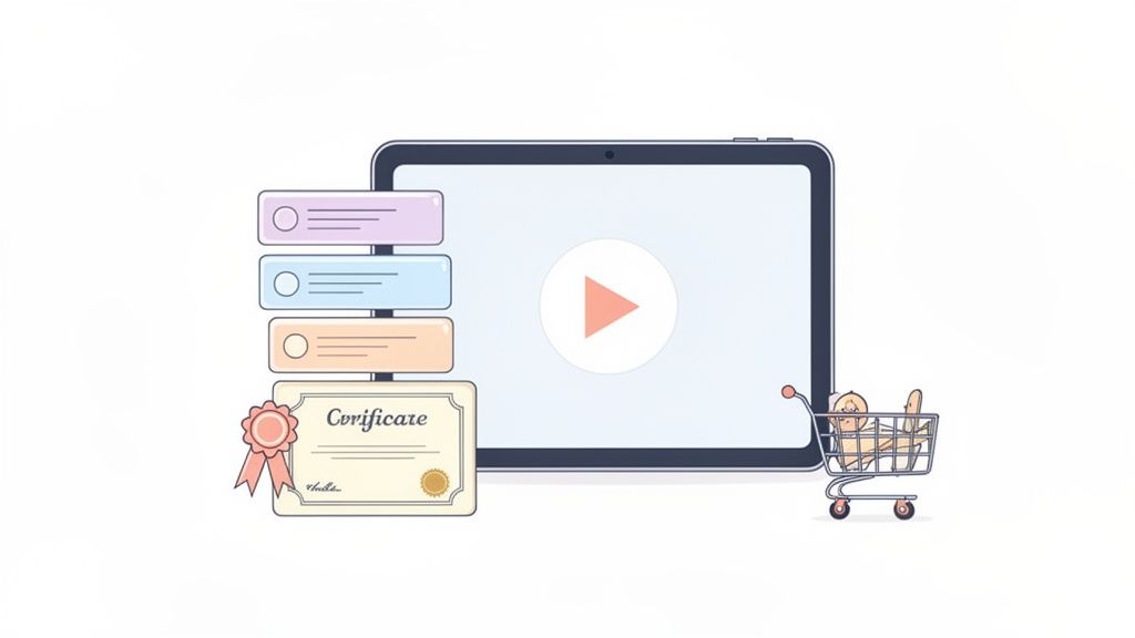 An illustration showing a tablet with a play button, lesson modules, a certificate, and a small shopping cart.