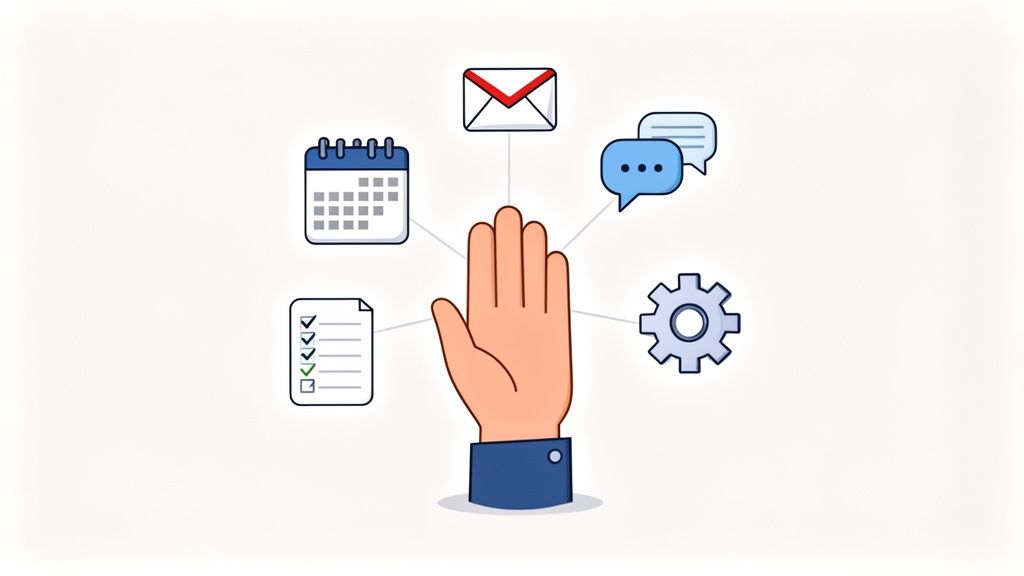 A cartoon hand connects to icons for calendar, email, chat, settings, and a checklist, illustrating multitasking and organization.