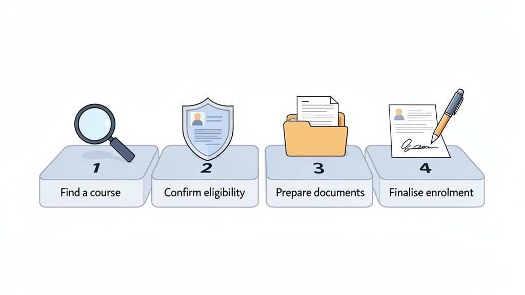 Illustration of a four-step enrolment process: find a course, confirm eligibility, prepare documents, and finalise enrolment.