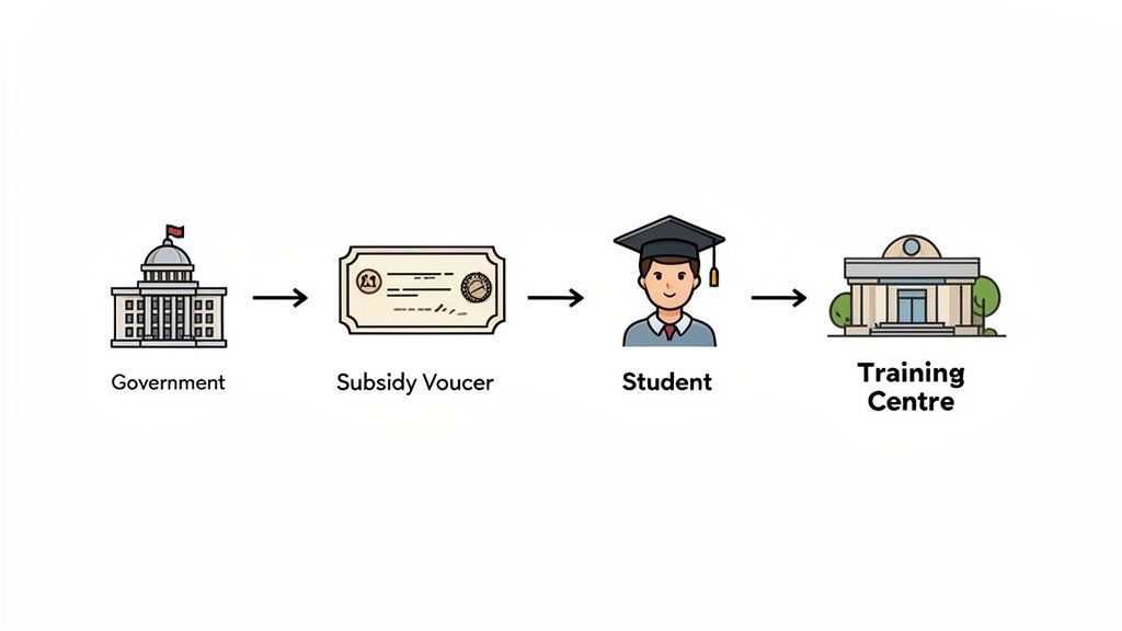 Flowchart illustrating government providing subsidy vouchers to students for training programs.