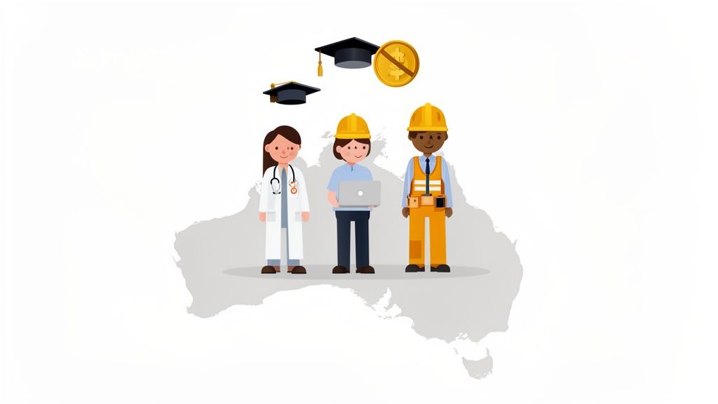 Diverse professionals (doctor, IT, construction) on Australia map with graduation caps and fee-free education symbol.