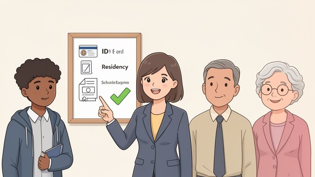 A diverse group of people with a woman explaining ID card and residency requirements on a whiteboard.