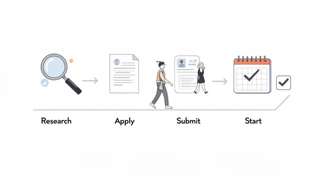 Illustration showing a four-step process for job searching or course enrollment: Research, Apply, Submit, Start.