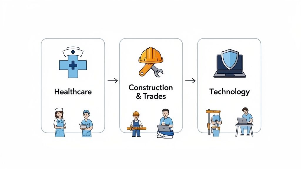 Diagram showing career paths and industries including healthcare, construction & trades, and technology.