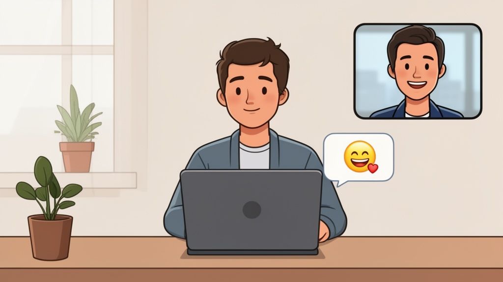Cartoon man happily video chatting on his laptop with another man, sending a smiling heart emoji.