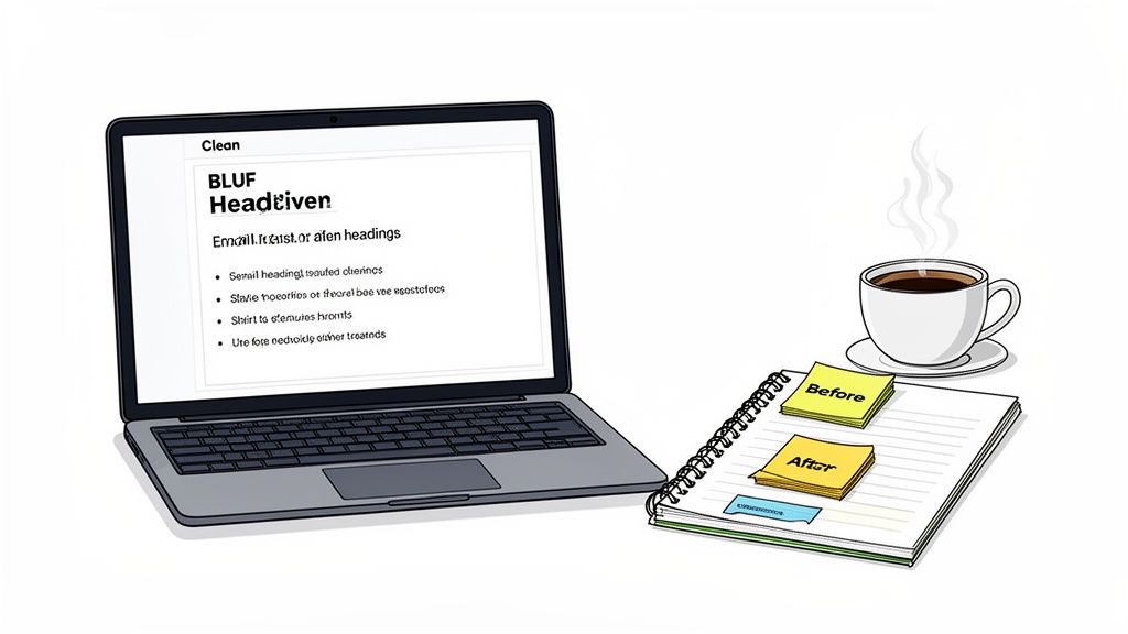 A laptop showing a presentation, a steaming coffee cup, and a notebook with 'Before' and 'After' sticky notes.