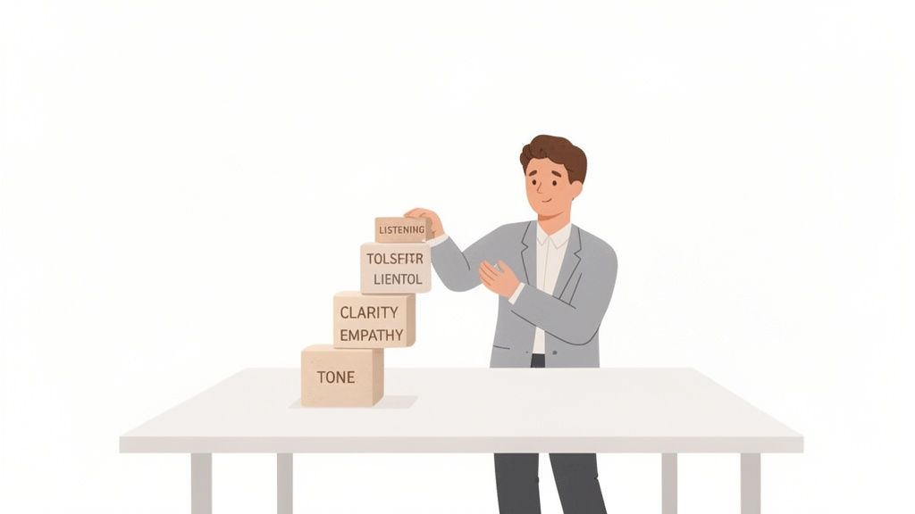 A man stacks wooden blocks labeled 'listening', 'clarity', 'empathy', and 'tone' on a table.