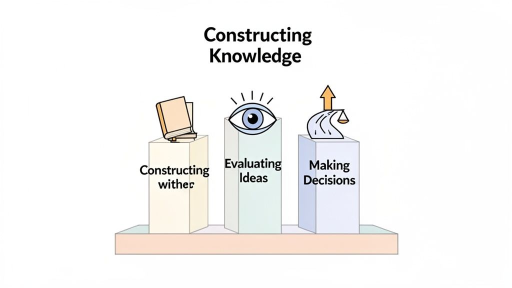 A diagram titled 'Constructing Knowledge' showing three pillars: Constructing, Evaluating Ideas, and Making Decisions.