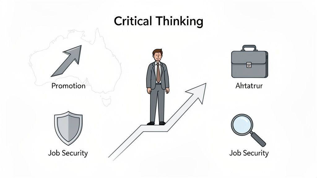 Illustration showing critical thinking leads to promotion, career success (briefcase labeled Ahtatrur), and job security.