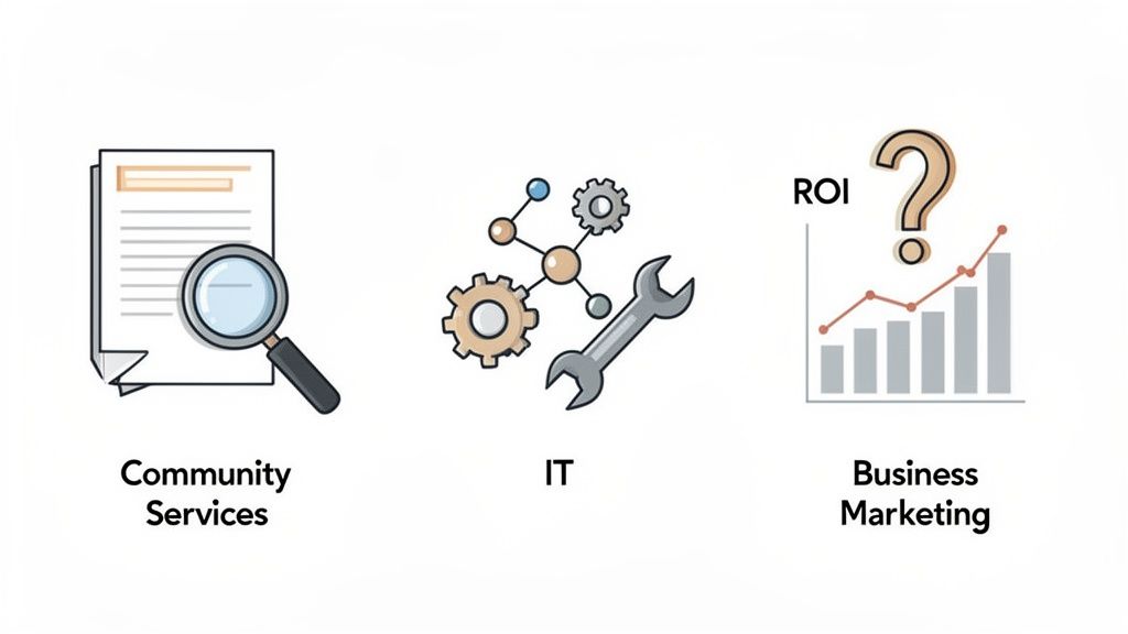 Three icons representing Community Services, IT, and Business Marketing with relevant visual elements.