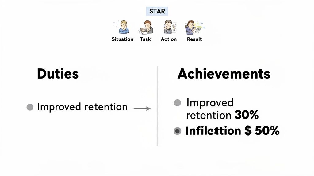 A diagram illustrating the STAR method and contrasting duties with quantifiable achievements for resume writing.