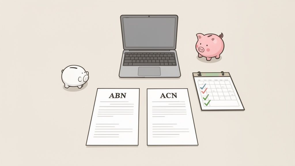 A laptop, ABN and ACN documents, piggy banks, and a calendar representing business setup.