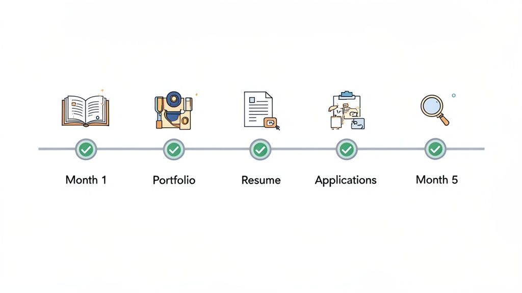 A five-stage professional development timeline showing learning, portfolio creation, resume building, applications, and job search.