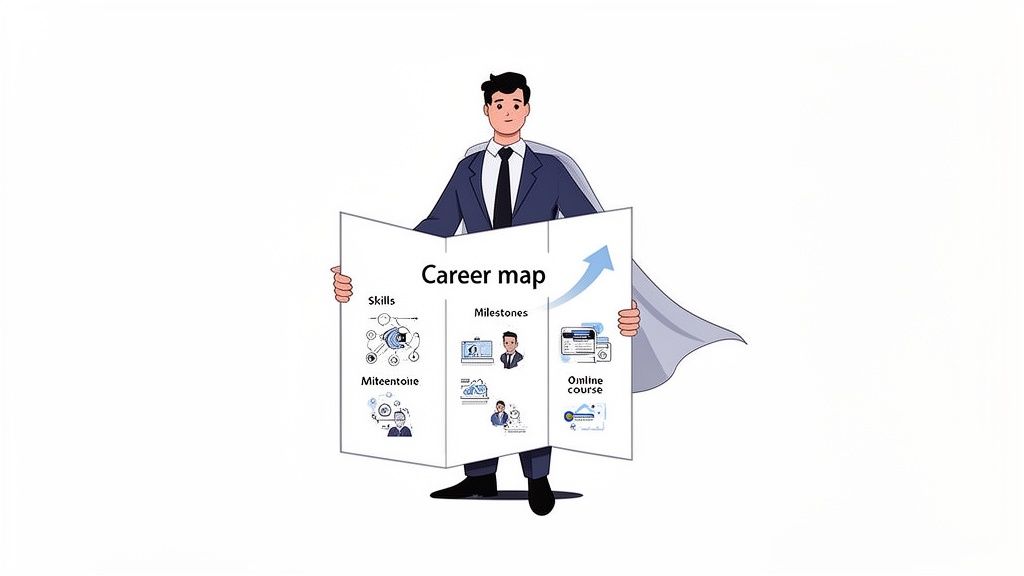 A man in a suit and cape holds a career map detailing skills, milestones, and online courses.
