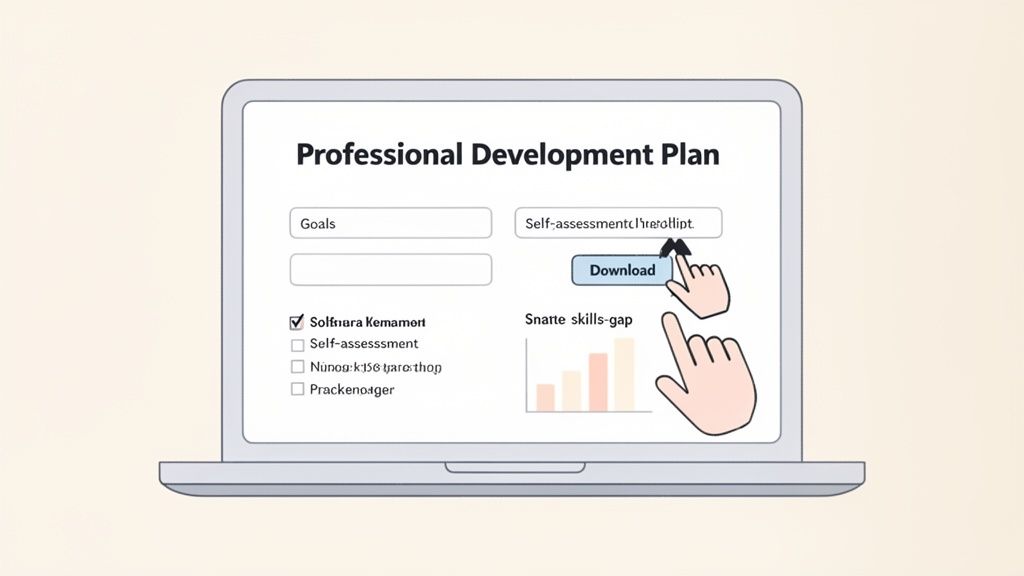A laptop displays a Professional Development Plan form with goals, self-assessment, and a download button being clicked by a cursor.