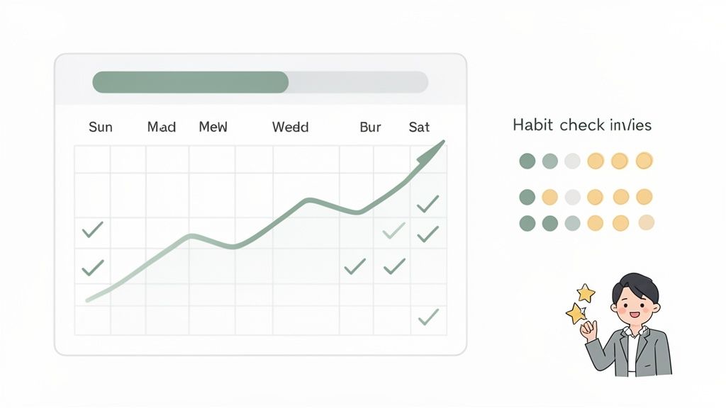 A digital habit tracker showing weekly progress with a line graph, checkmarks, and a smiling man with stars.