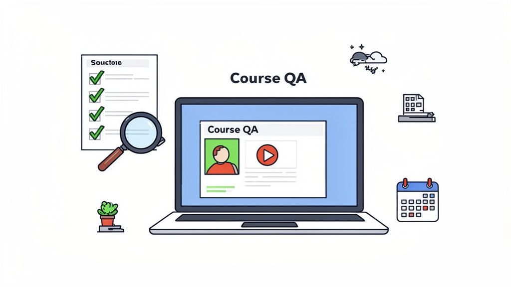 An illustration of a laptop showing 'Course QA' content, with a checklist and magnifying glass, symbolizing quality assurance processes.