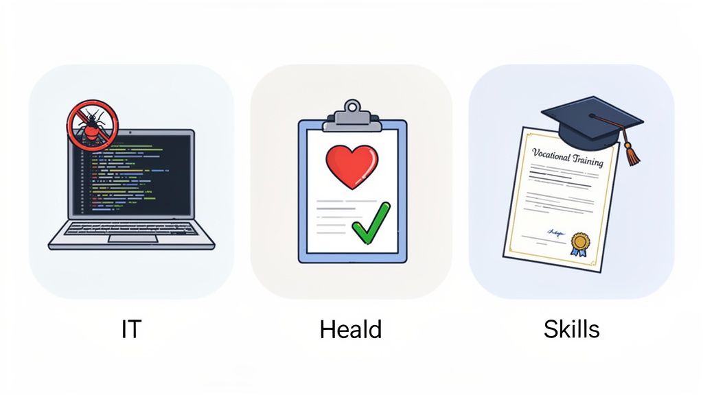 Three icons representing IT (laptop, no bug), Health (clipboard, heart, check), and Skills (diploma, graduation cap).