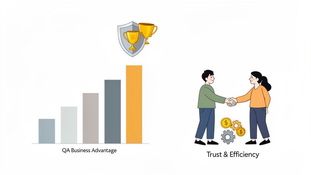 A bar chart showing increasing QA business advantage with trophies, and two people shaking hands for trust and efficiency.