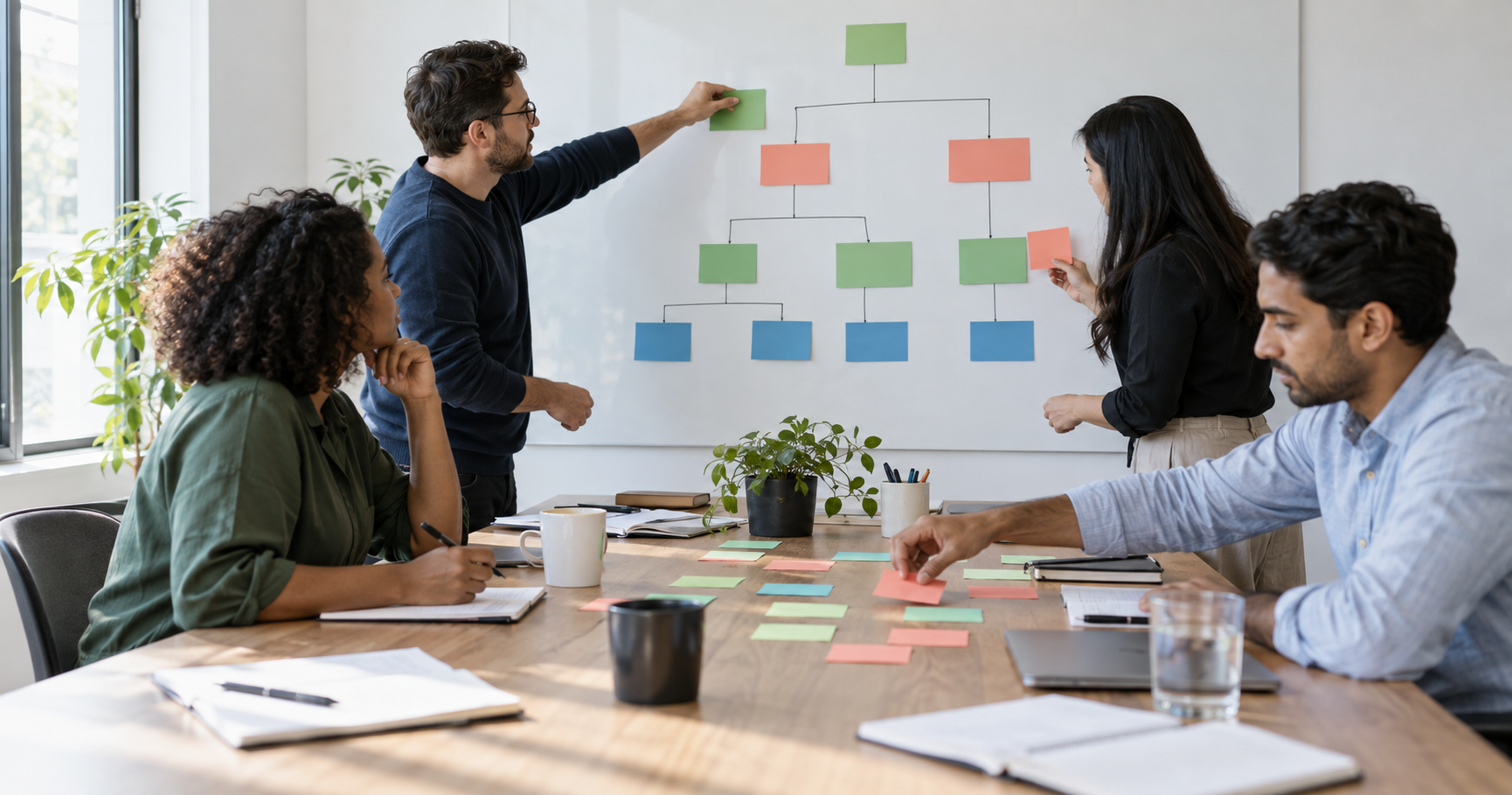 Cross-functional team mapping decisions during a custom software discovery workshop
