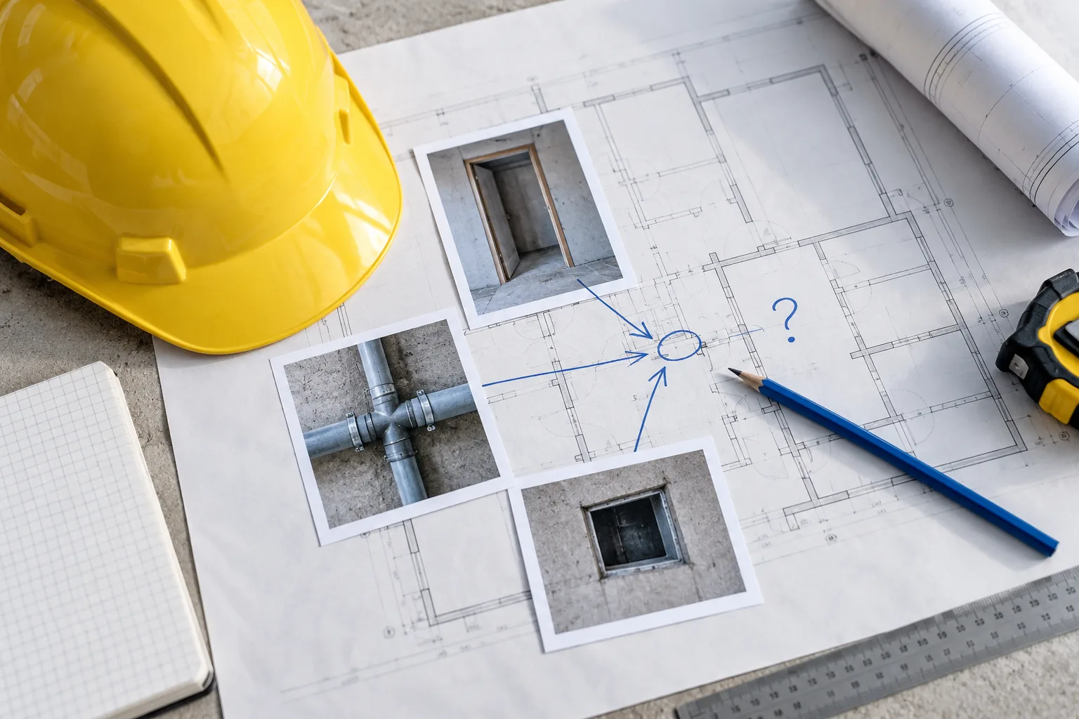 Fictional construction workbench with a hard hat, marked plan and printed site-detail photographs