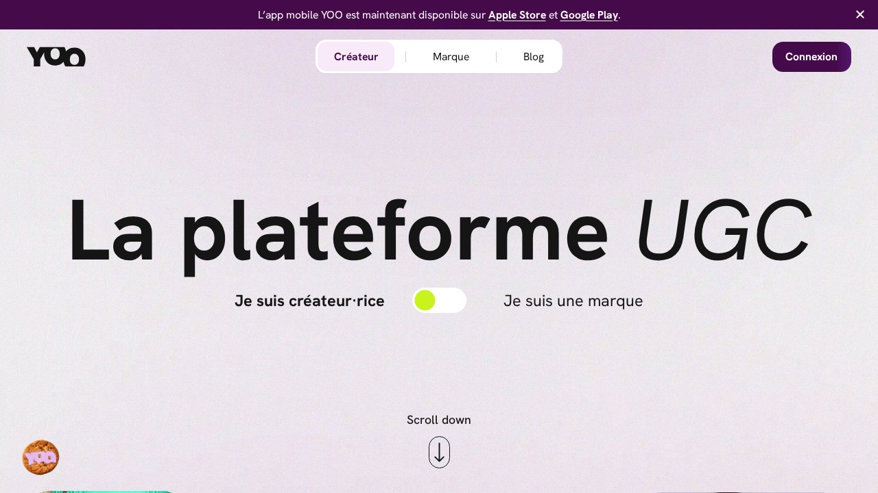 Interface Yoo — plateforme créateurs agence WOO