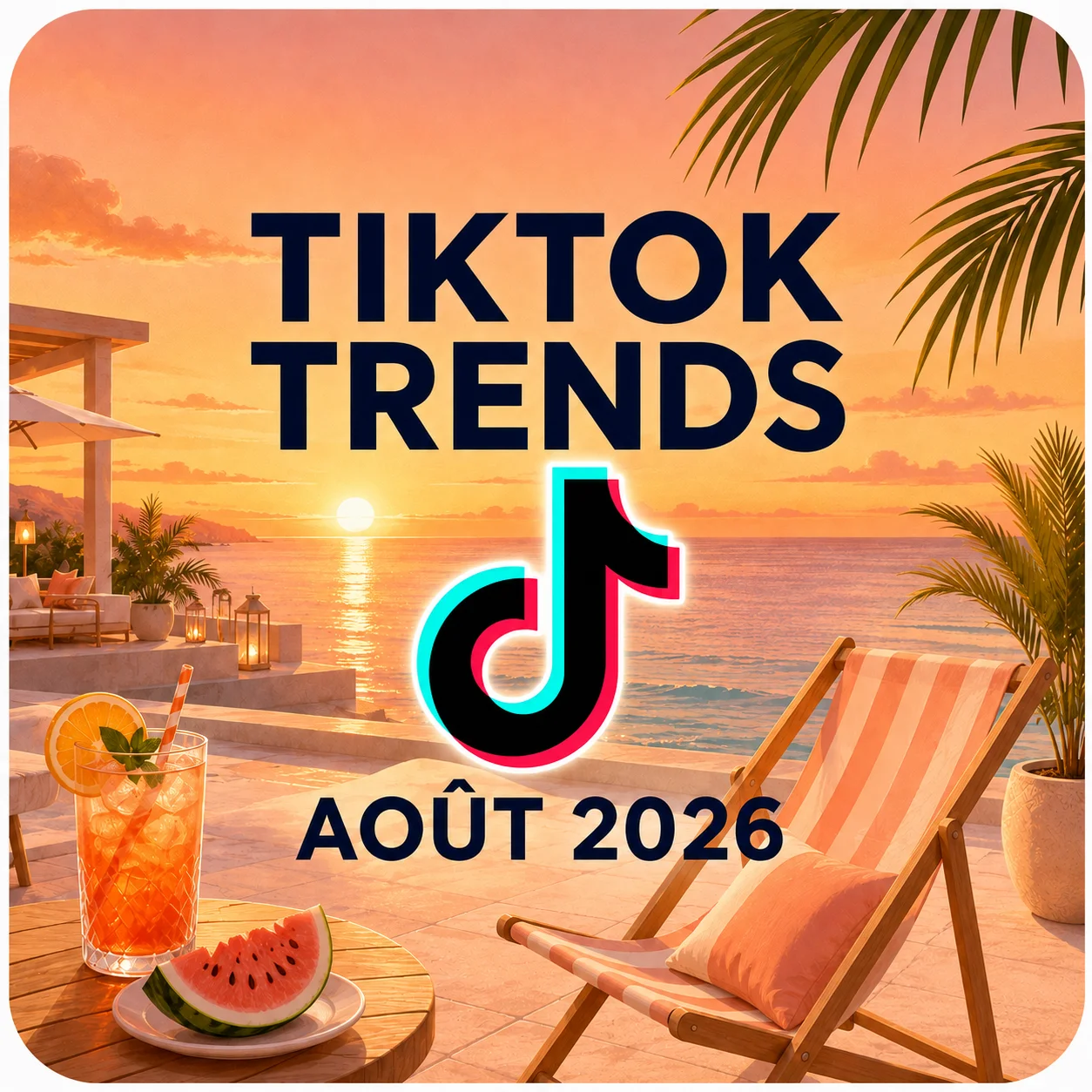 Tendances TikTok août 2026, terrasse au coucher de soleil avec logo TikTok
