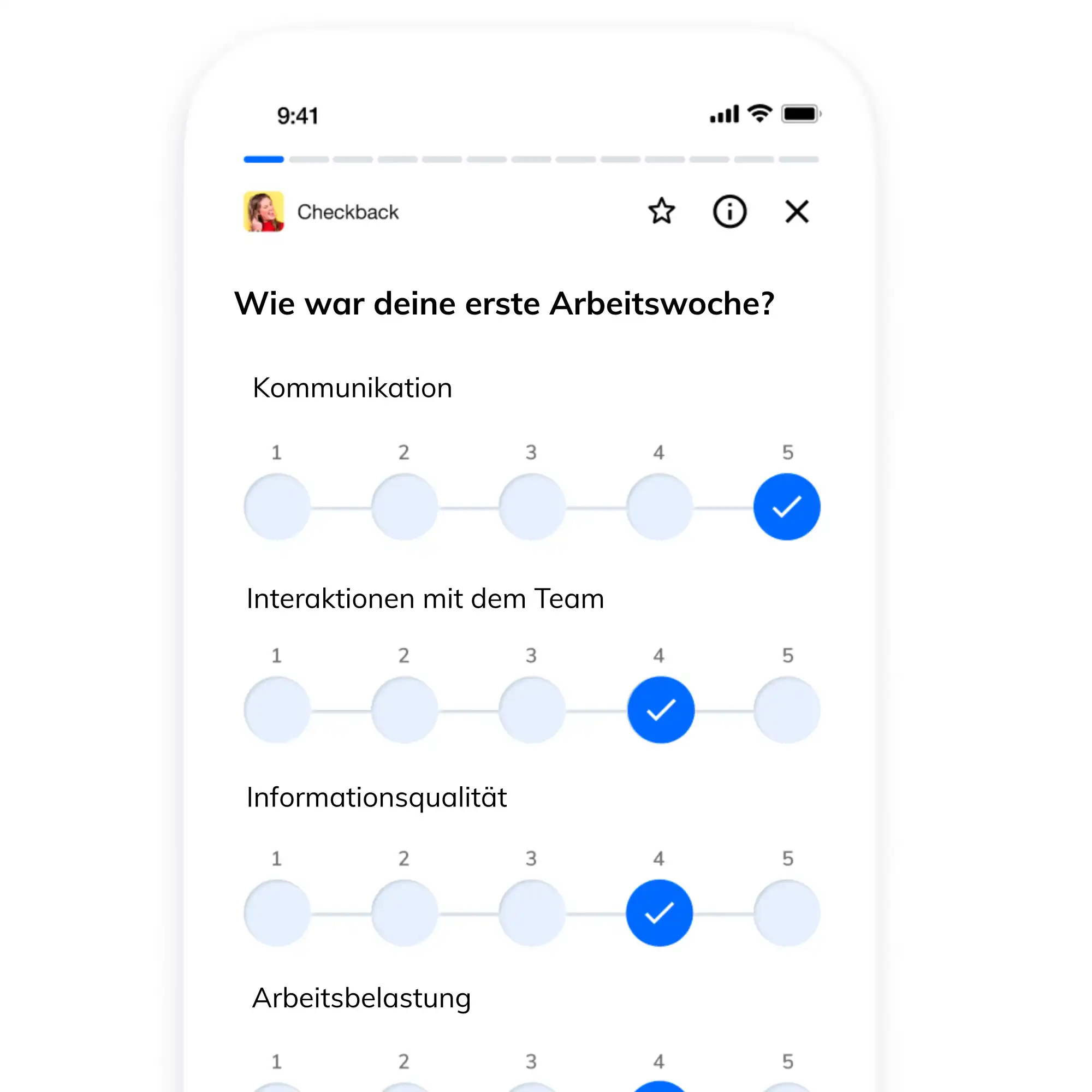 Mobile Umfrageoberfläche mit einem Feedback-Onboarding-Formular, in dem ein neuer Mitarbeiter seine erste Arbeitswoche anhand von Kategorien wie Kommunikation, Teaminteraktionen, Informationsqualität und Arbeitsbelastung bewertet.