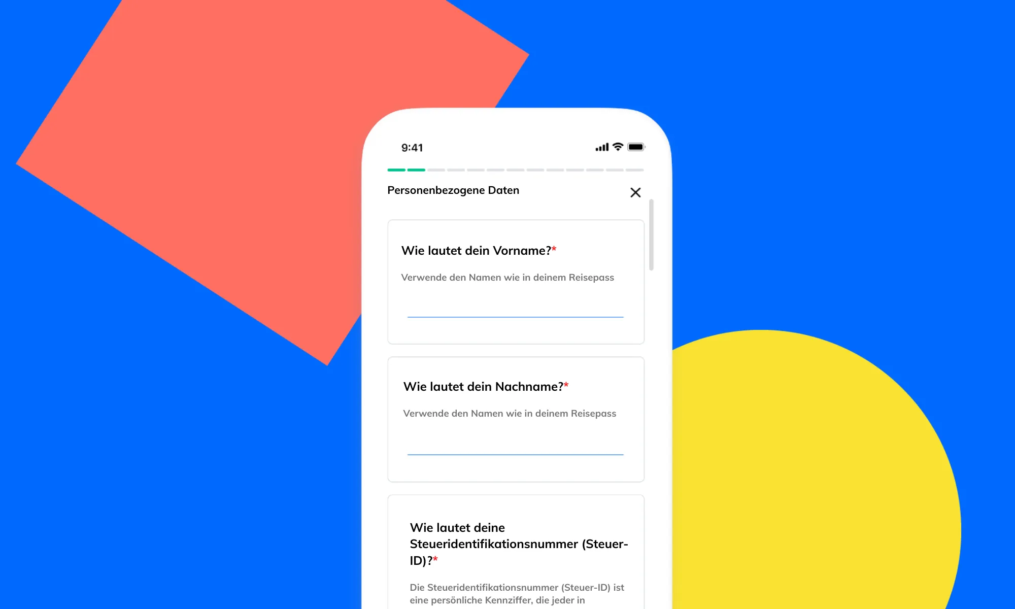 Formular auf einem Smartphone mit Feldern für persönliche Daten: Vorname, Nachname und Steueridentifikationsnummer (Steuer-ID) für HR-Onboarding.