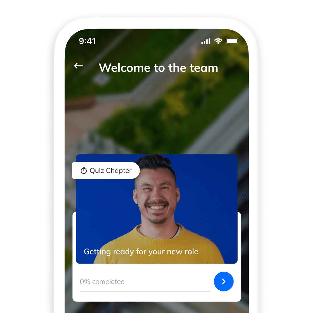 Mobile interface with a 'Welcome to the team' message as part of the onboarding process for new employees. The screen features a quiz chapter titled 'Getting ready for your new role' to prepare new hires for their responsibilities.