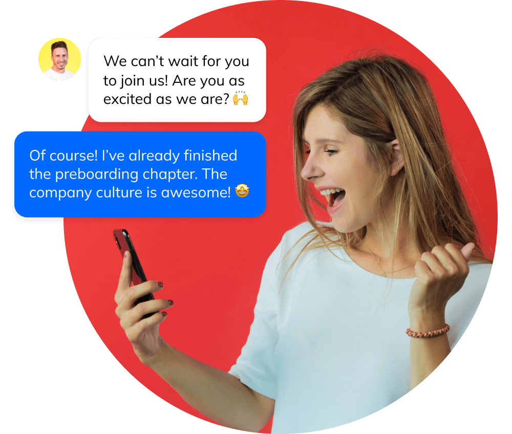 A woman receiving text messages from her colleagues welcoming her to the team. She replies that the onboarding app is awesome.