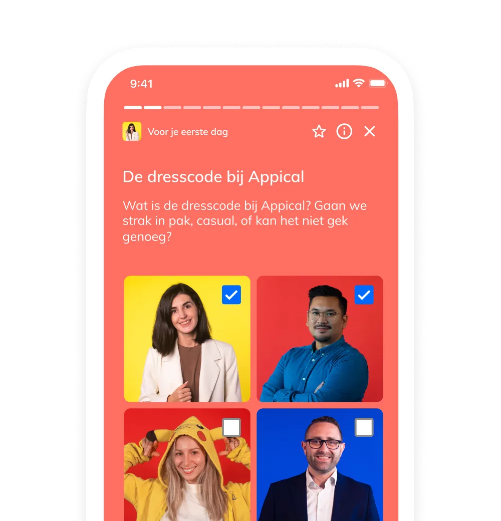 Appical onboarding scherm in het Nederlands over de dresscode, met vier afbeeldingen van medewerkers in verschillende kledingstijlen, waaronder formeel, casual, en speels, om nieuwe medewerkers te helpen de juiste kledingkeuze te maken.