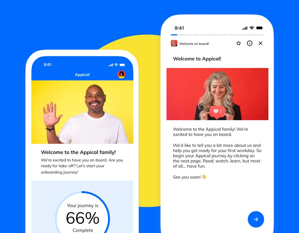 Two mobile screens displaying the Appical onboarding process for new employees. The first screen features a smiling man waving with the message 'Welcome to the Appical family!' and a progress indicator showing 66% complete. The second screen shows a smiling woman holding a heart icon with the text 'Welcome to Appical!' providing further onboarding instructions