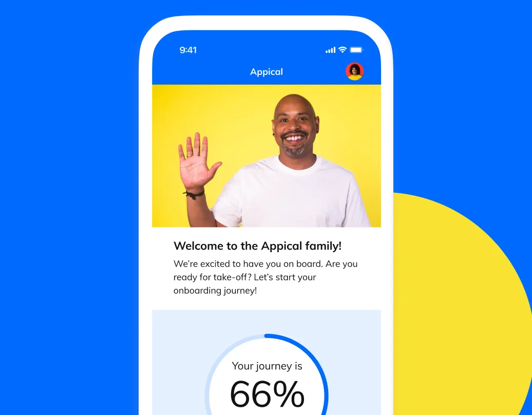 Appical onboarding screen featuring a smiling man waving with the message 'Welcome to the Appical family!' and an onboarding progress indicator at 66%, ideal for new employees starting their onboarding journey.