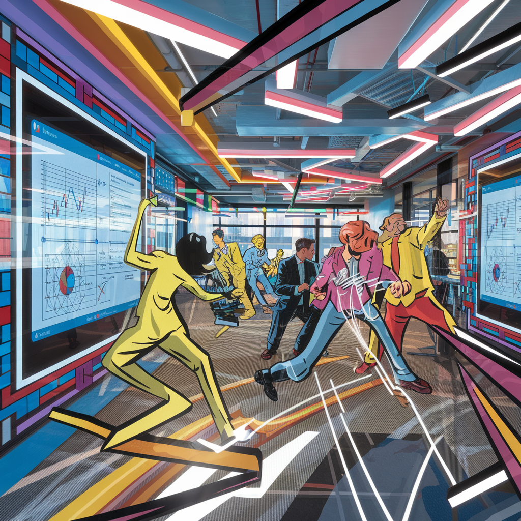 Kunstvolle Illustration von Menschen, die in einem modernen Büro mit bunten Lichtern und Bildschirmen arbeiten