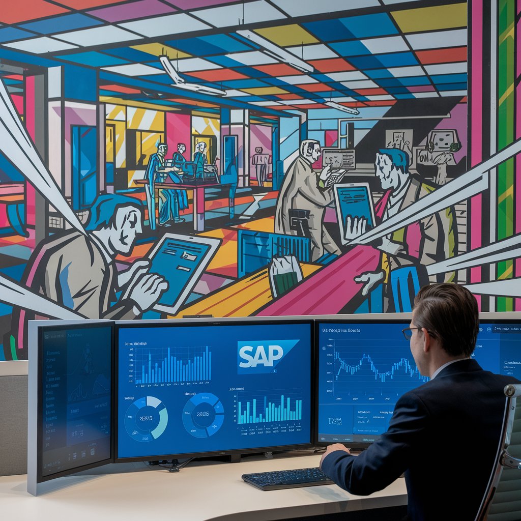 Person vor Bildschirmen mit SAP-Dashboard und buntem Wandgemälde